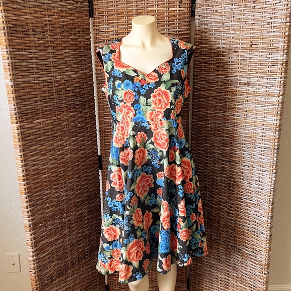 Lindy Bop Blue and Orange Floral Retro Silhouette Style Pin Up Fit & Flare Dress - Picture 9 of 10